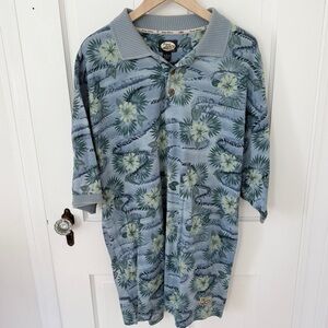 Tommy Bahama Hawaiian Knit Polo Resort Shirt Blue Tropical Floral Leaves Print L